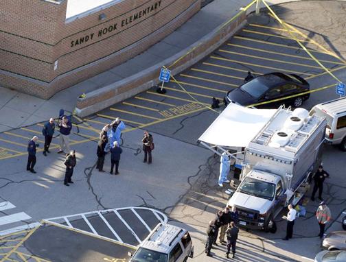 Outside Sandy Hook Elementary School in the aftermath of the shootings