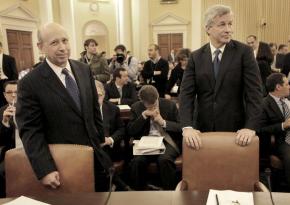 Lloyd Blankfein, CEO of Goldman Sachs, with James Dimon of JPMorgan Chase giving congressional testimony